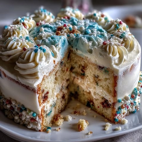 Festive Spring Birthday Party Funfetti Dip Cake with colorful sprinkles.