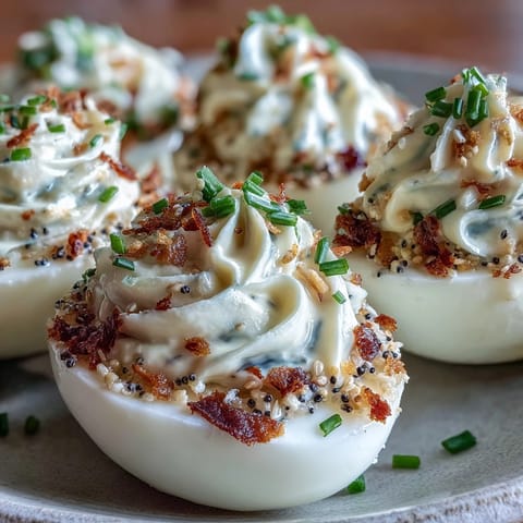 Everything bagel deviled eggs photo featuring a creamy filling topped with savory seasoning.
