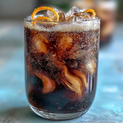 Vibrant cold brew coffee tonic with bright orange zest, served over ice.