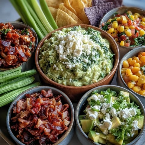 Freshly made Guacamole Bar with colorful toppings and crunchy tortilla chips ready.