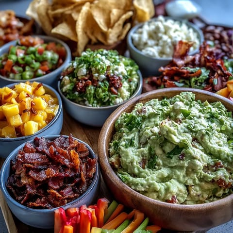 Vibrant Guacamole Bar with five delicious toppings, perfect for a party spread.
