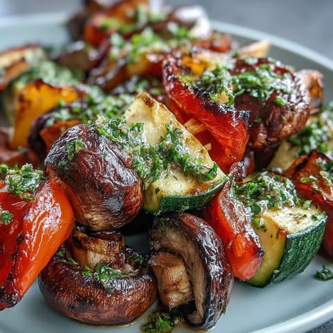 Colorful grilled veggie kabobs with a vibrant, fresh chimichurri sauce.