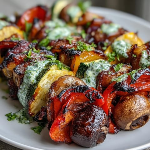Smoky, tender grilled veggie kabobs generously drizzled with herb-packed chimichurri.