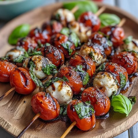 Caprese skewers appetizer glistening with balsamic drizzle, a fresh, vibrant bite.