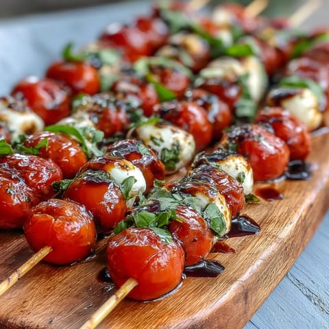 Bright Caprese skewers appetizer, showcasing basil, mozzarella, and tomatoes with glaze.