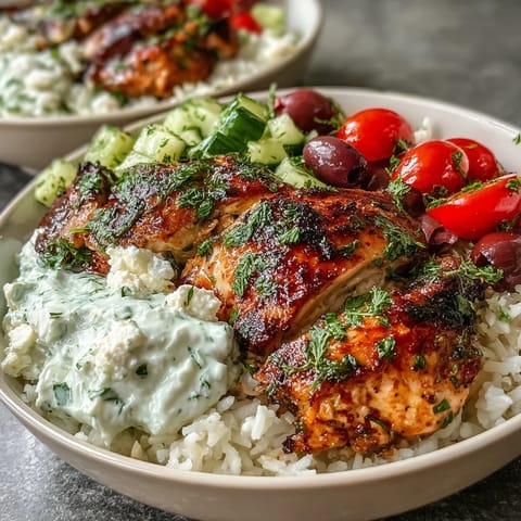 Juicy Greek chicken bowls with vibrant veggies, tzatziki, and hummus.