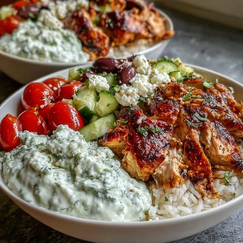 Taste of the Mediterranean: Greek chicken bowls piled high with fresh toppings.