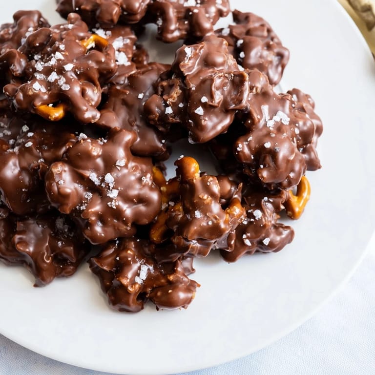 Picture perfectly formed Pretzel Candy Clusters, a delicious no-bake treat sprinkled with flaky sea salt.