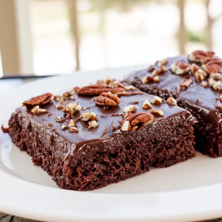 Imagine a square of rich, moist Texas Sheet Cake, swathed in warm, chocolate icing and pecans.