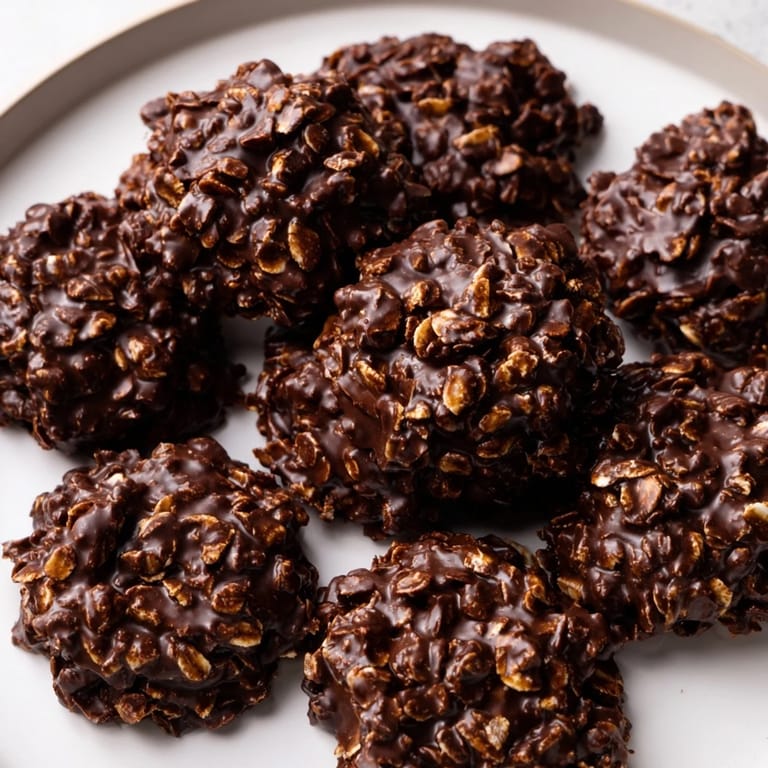 A close-up of delicious No-Bake Chocolate Oatmeal Drop Cookies, chewy and perfect for a quick sweet!