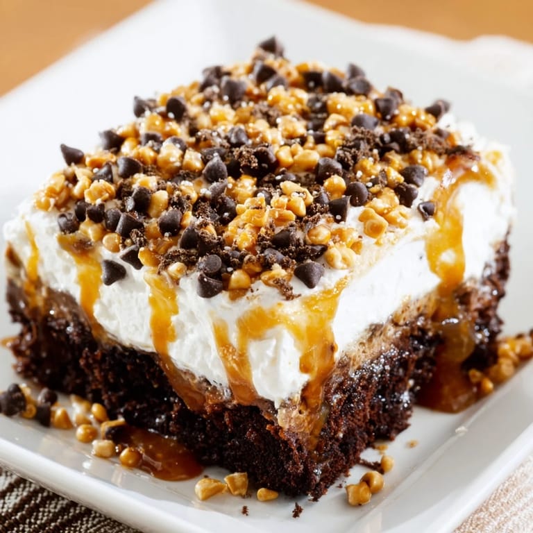 Close-up of a Better Than Sex Cake with dripping caramel over the tender chocolate cake.