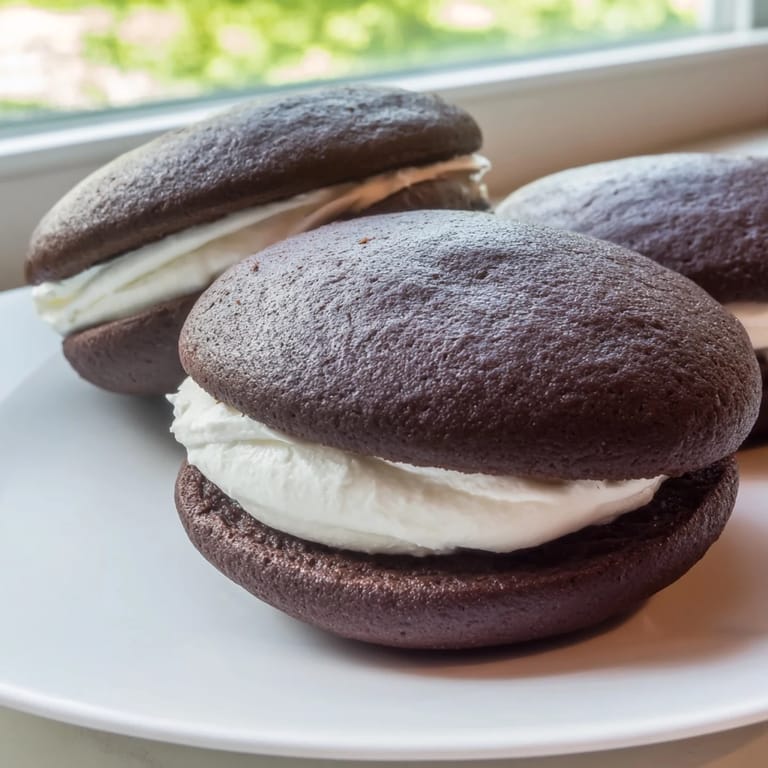 A close-up shot of rich, chocolatey Whoopie Pies, perfectly paired and filled with fluffy, white cream.