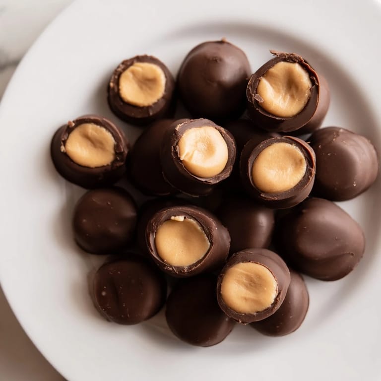 Enjoy delicious homemade buckeyes with a smooth peanut butter center and dark chocolate coating.