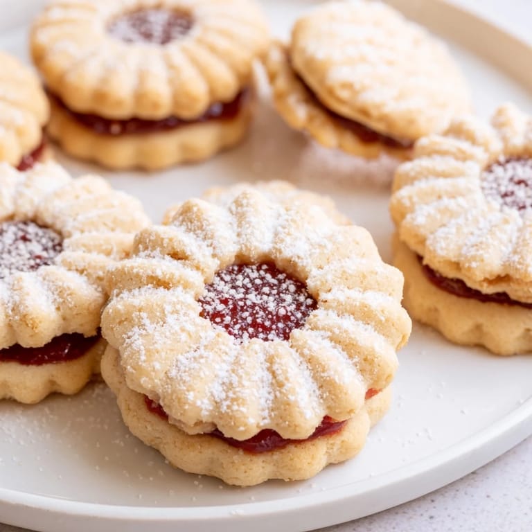 A stack of buttery Linzer Cookies dusted with powdered sugar, ready for a delicious bite.