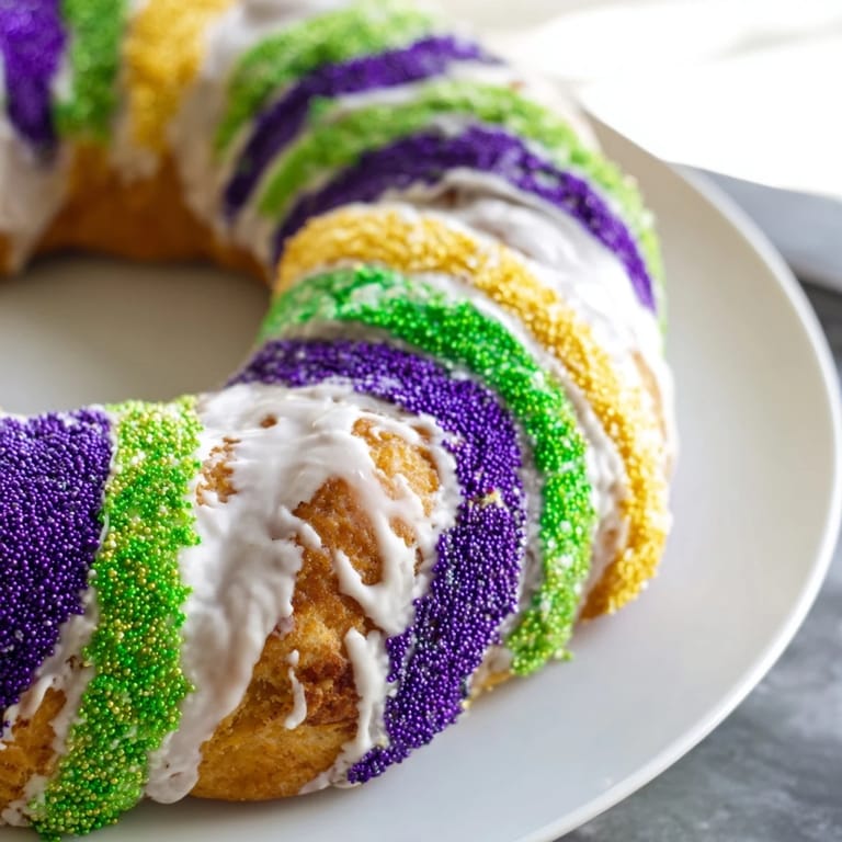Fluffy, ring-shaped King Cake, with colorful sugar topping, perfect for sharing and celebration.