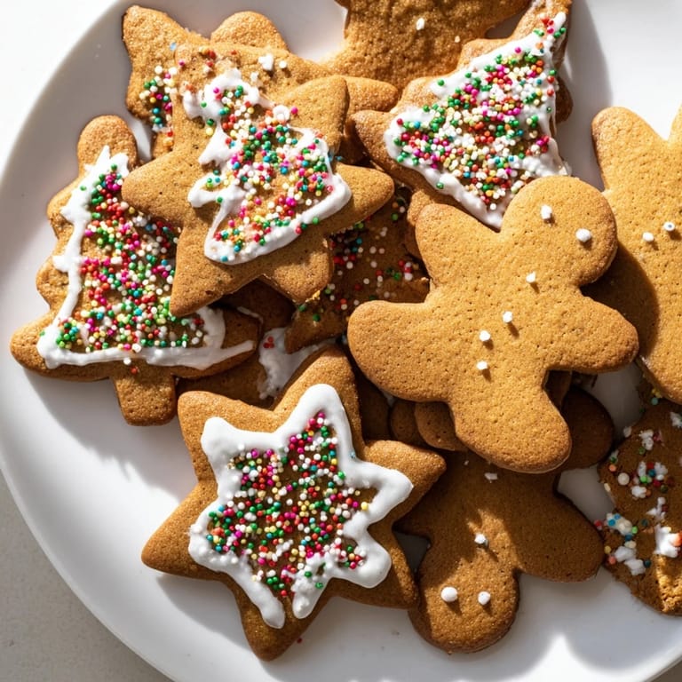 Warm, inviting photo of decorated Gingerbread Cookies with sprinkles, evoking holiday cheer flavors.