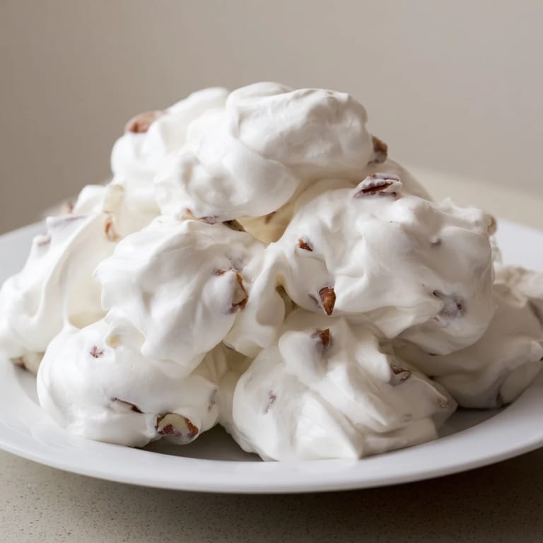 Close-up of fluffy divinity, featuring chopped nuts and cooling on parchment paper.