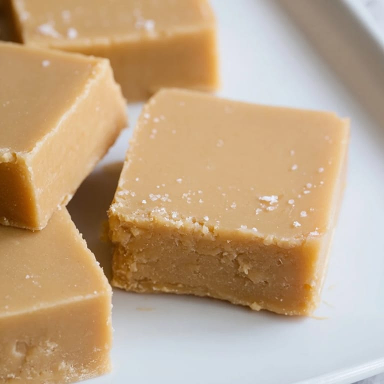 Rich and thick, this easy Peanut Butter Fudge shows a close-up, tempting you with its smooth texture.