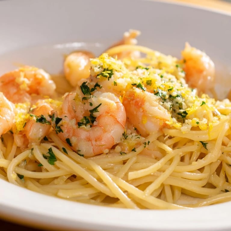 Close-up of Garlic Butter Shrimp Linguine in a skillet, steam rising, Parmesan and red pepper flakes on top.