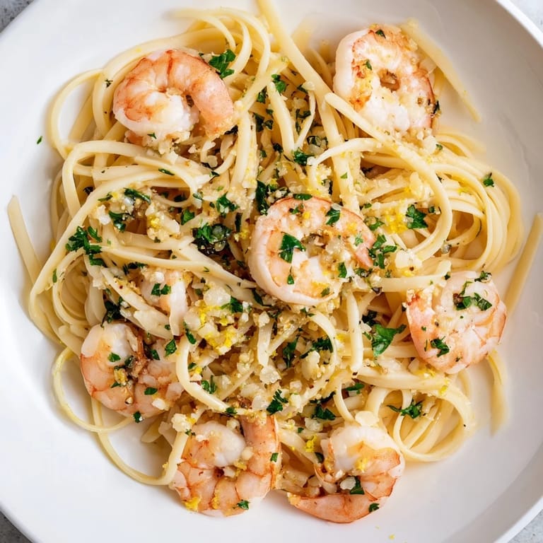 Serving suggestion for Garlic Butter Shrimp Linguine on a white plate, paired with crisp white wine and crusty bread.