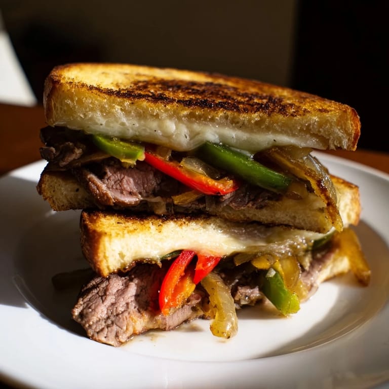 Two halves of the grilled cheese rest on a white plate, showcasing the crispy bread and the hearty steak-and-veggie interior.