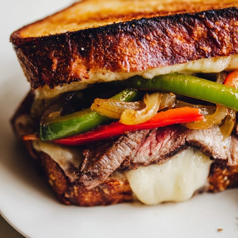 A close-up view shows the gooey provolone cheese stretching as the sandwich is pulled apart, revealing the savory filling.