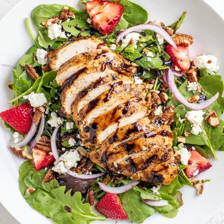 Fresh mixed greens topped with tender grilled chicken, sliced strawberries, red onion, and a glossy honey balsamic glaze.