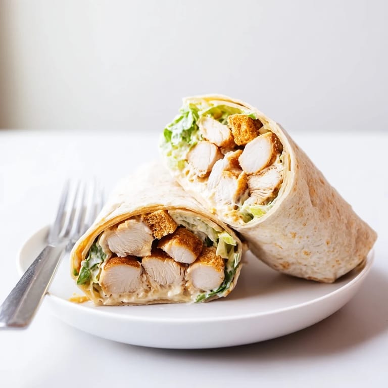 A close-up view of a Caesar Chicken Salad Wrap sliced in half, revealing juicy sliced chicken, creamy Caesar dressing, and a colorful mix of greens inside a golden-brown tortilla.
