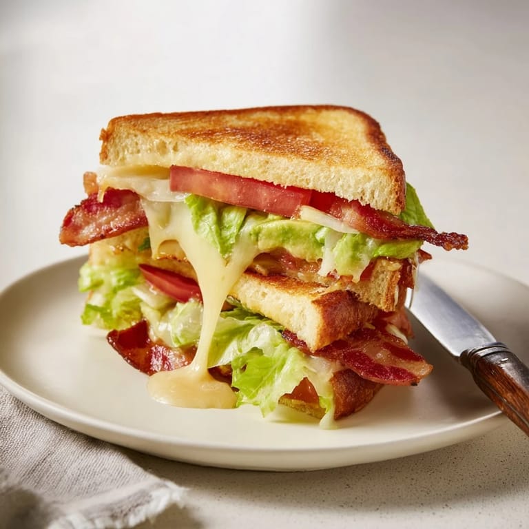 A vibrant, freshly-sliced Avocado BLT Grilled Cheese sandwich rests on a rustic wooden cutting board.