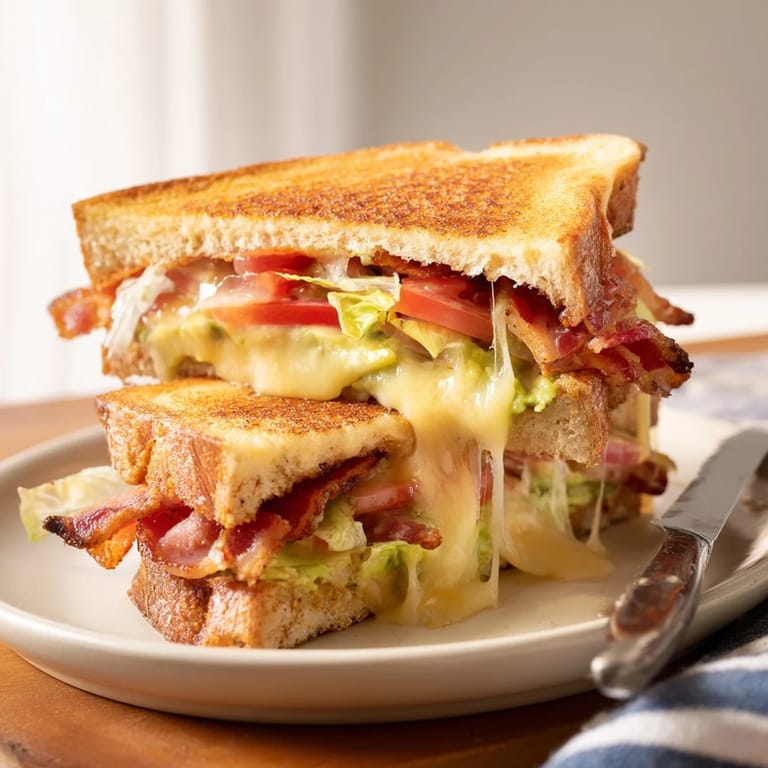 This Avocado BLT Grilled Cheese shows creamy avocado melting into gooey cheddar between toasted bread.  