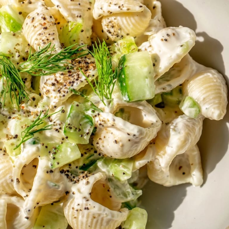 A close-up of vibrant green cucumber chunks, sliced scallions, and tiny pasta shells tossed in tangy sour cream sauce, perfect for easy summer picnics or potlucks.  