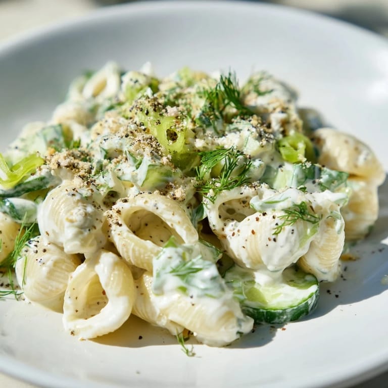 Fresh dill and everything bagel seasoning garnish this chilled pasta salad, with juicy cucumber pieces adding a satisfying crunch beside the creamy, savory dressing.