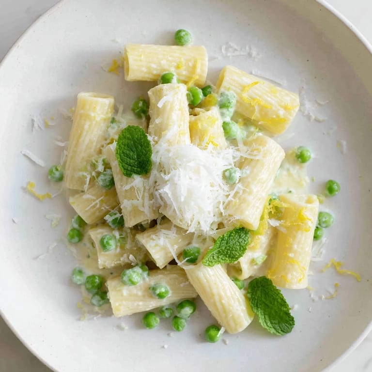 Hearty rigatoni pasta with lemon ricotta and peas steaming on a rustic plate, perfect for an easy vegetarian dinner, with a sprinkle of fresh herbs.