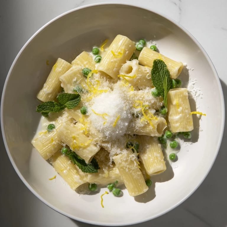A close-up of al dente rigatoni coated in velvety ricotta sauce, dotted with sweet green peas and shimmering lemon zest, ready to serve.
