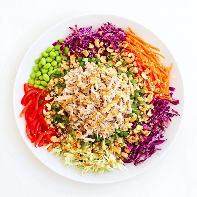Hearty Edamame Crunch Chicken Salad served in a white bowl, topped with roasted cashews and sliced red bell pepper, perfect for a light lunch.