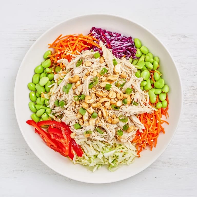 Colorful Edamame Crunch Chicken Salad tossed with edamame, green onions, and a honey-ginger dressing, ready to enjoy with iced green tea.