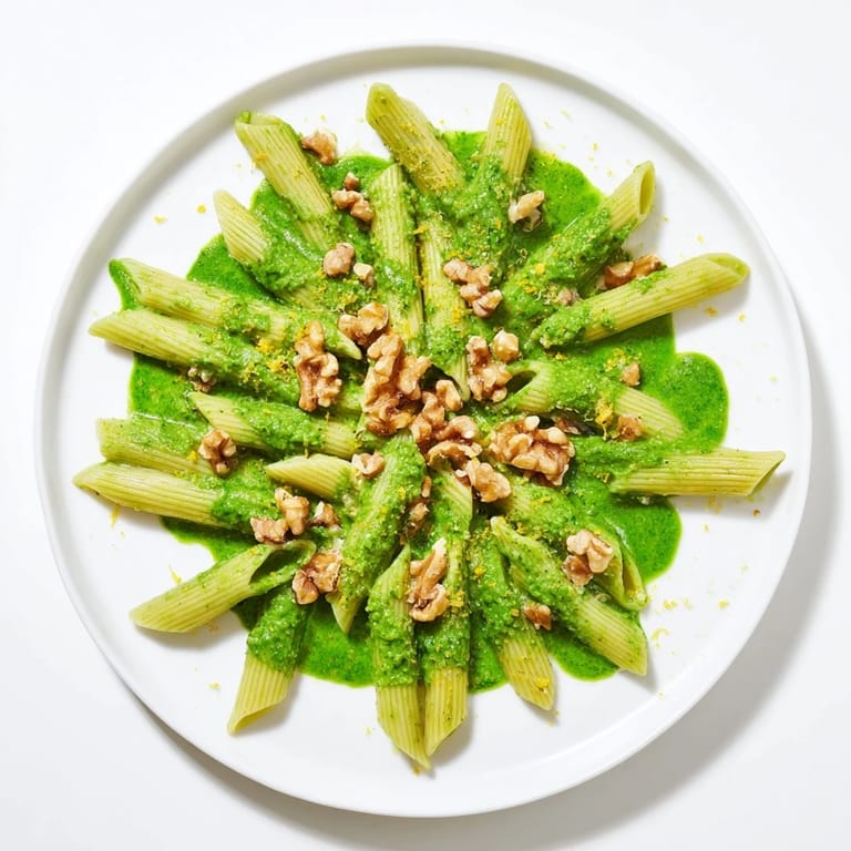 Overhead view of vegan Creamy Spinach Walnut Pasta, showcasing the velvety texture and garnish of chopped walnuts and lemon zest.