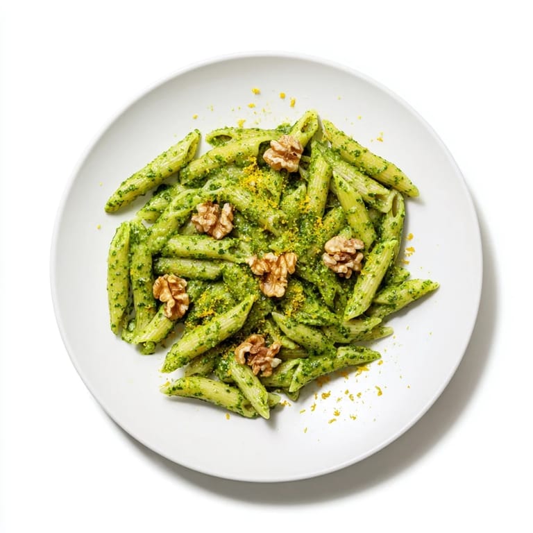 A close-up photo of a serving of Creamy Spinach Walnut Pasta, highlighting the creamy sauce clinging to every noodle.