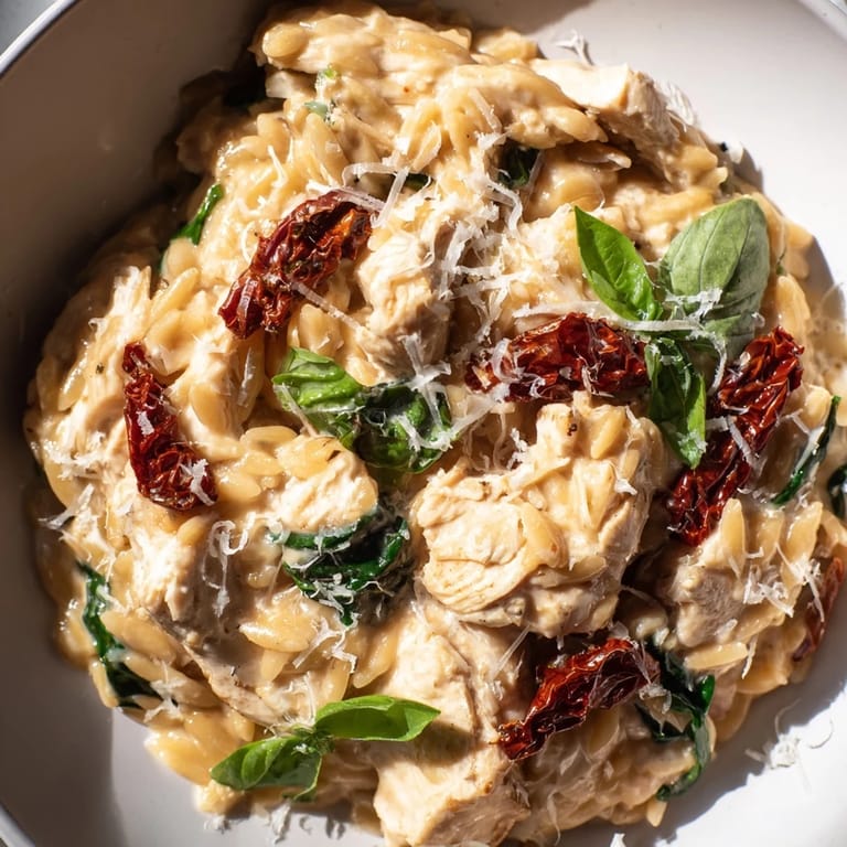 Tuscan Chicken Orzo sizzling in a deep skillet, blending golden chicken pieces with vibrant red tomatoes and herbs.