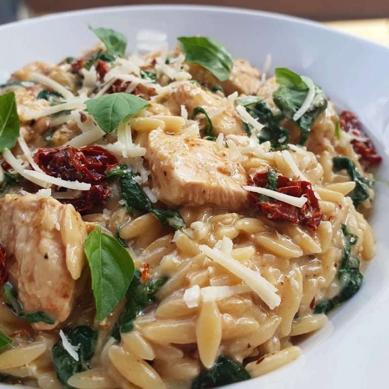 A comforting bowl of Tuscan Chicken Orzo garnished with basil and Parmesan, ready to be served warm.