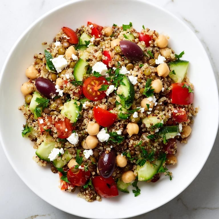 Bright Greek Power Salad with olives, cucumbers, and tomatoes tossed in a zesty Greek vinaigrette.