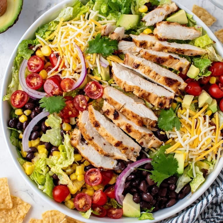A vibrant bowl of honey lime chicken taco salad garnished with cherry tomatoes, red onion, and crunchy tortilla strips.  