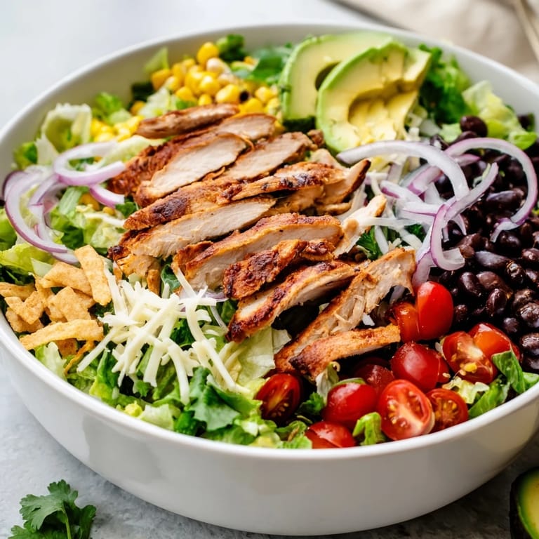 Close-up of zesty honey lime chicken taco salad featuring colorful ingredients like cheddar cheese and fresh cilantro.