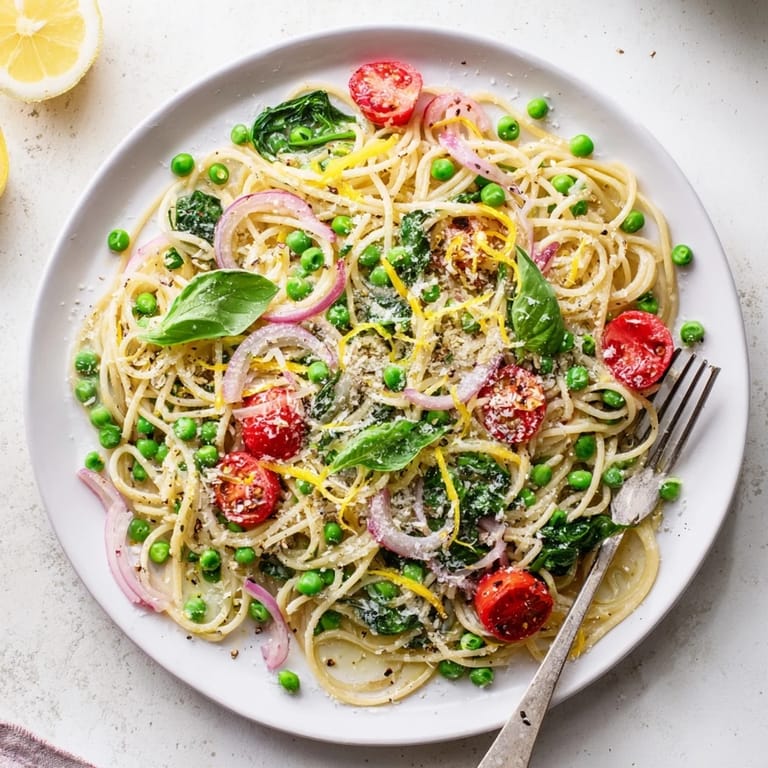 Sunlit Spring Veggie One-Pot Spaghetti steams in a white bowl, revealing tender spaghetti coated in a light broth, mingled with sautéed red onion, garlic, and a zest of lemon.