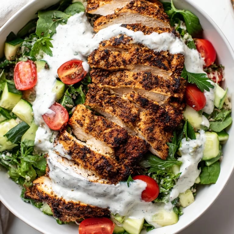 Golden, pan-cooked chicken slices top a colorful Chicken Shawarma Salad Bowl with tomatoes, cucumbers, and fresh parsley.