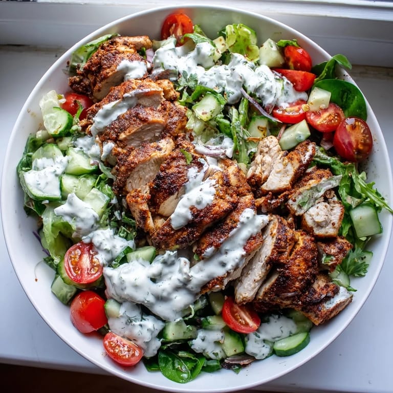 Sliced marinated chicken crowns a vibrant Chicken Shawarma Salad Bowl, drizzled with creamy garlic yogurt sauce.