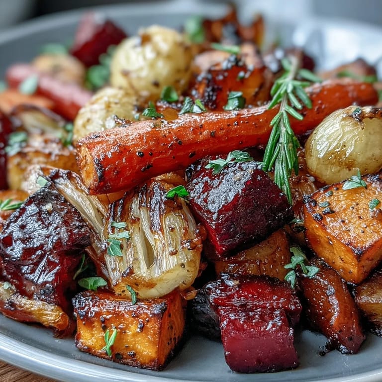A close-up of the Roasted Root Vegetable Medley shows caramelized beet wedges and thyme sprigs, ready to be served warm as a vegan side dish.