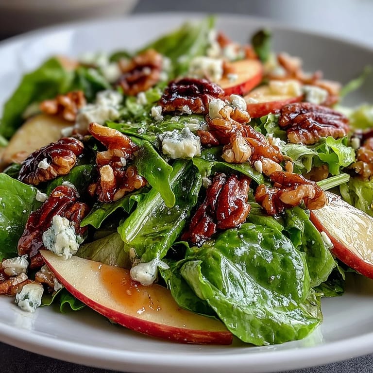 Close-up view of Apple and Walnut Salad featuring juicy Honeycrisp apples, toasted walnuts, and a light apple cider vinaigrette drizzled over the greens.