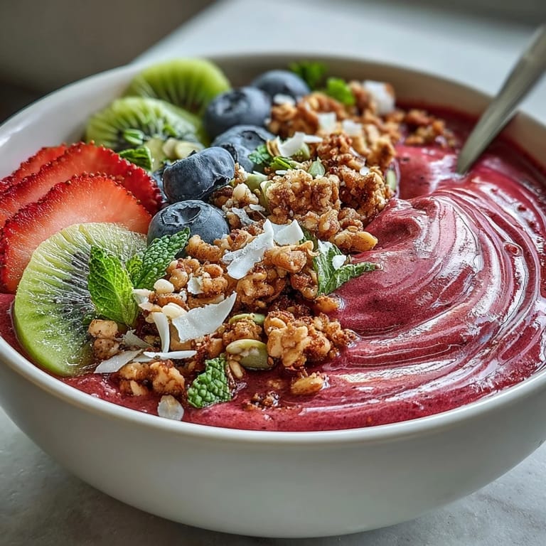 Close-up view of the Beet and Berry Smoothie Bowl with creamy texture, chia seeds, and colorful fruit garnish.  