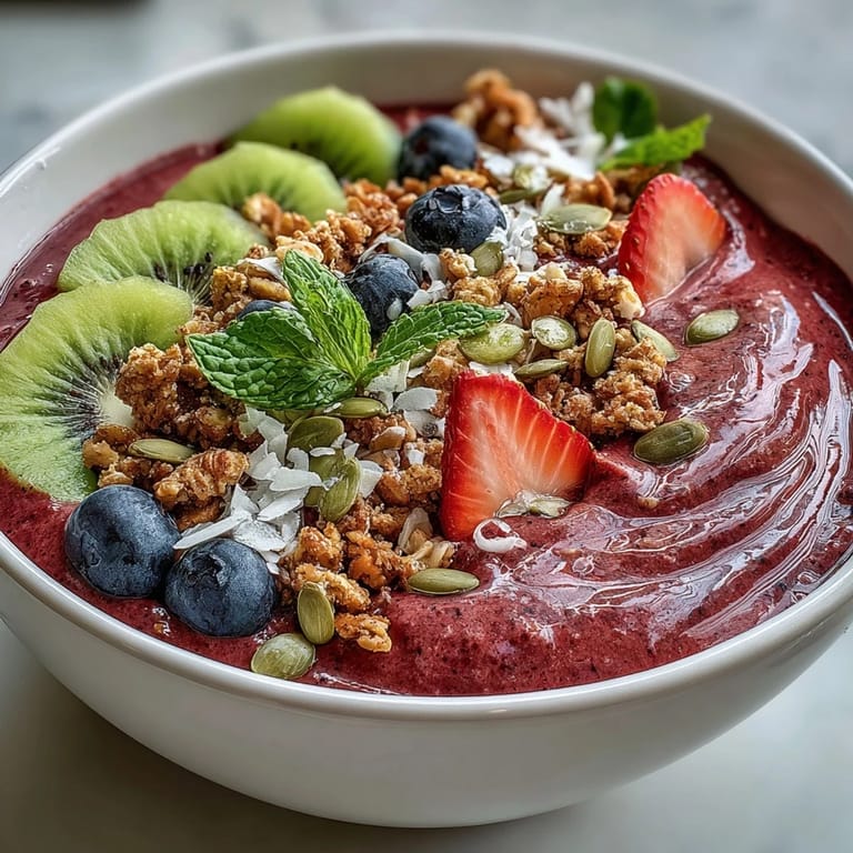 Overhead shot of a colorful Beet and Berry Smoothie Bowl surrounded by scattered berries and a blender.